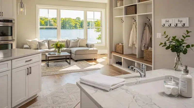 Bright and inviting kitchen and living area in a lakeside home near Lake Barrington, IL, featuring large windows with a sunlit view of the lake and a clean, organized mudroom entryway