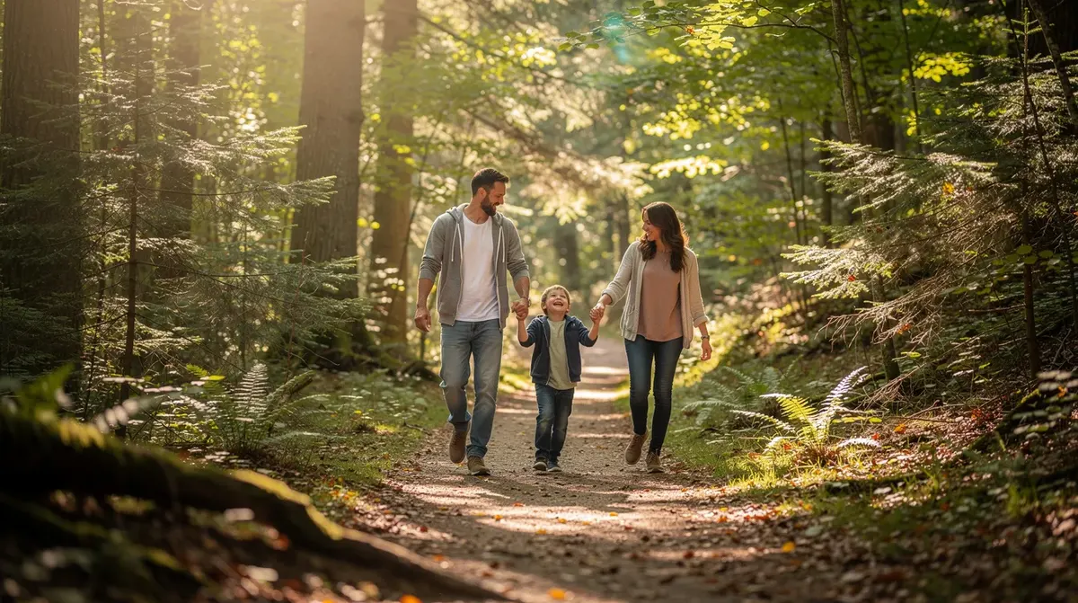 Kildeer House Cleaning: Local Guide to a Cleaner Home Near the Forest Preserve A happy family is walking together on a forest trail, surrounded by tall trees and dappled sunlight filtering through the leaves, creating a serene atmosphere. This scene captures the joy of spending quality time outdoors, reminiscent of the satisfaction guaranteed when hiring a professional cleaning service to maintain a clean and stress-free home.
